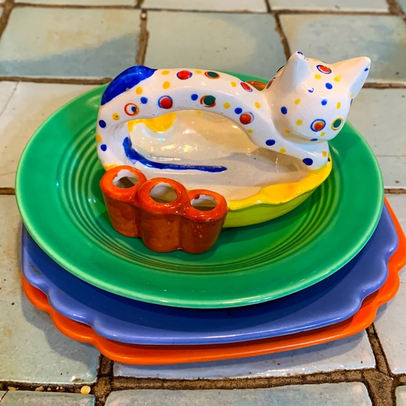 Vintage Handpainted Polka Dot Kitty Ashtray and Cigarette Holder - Picture 2 of 8